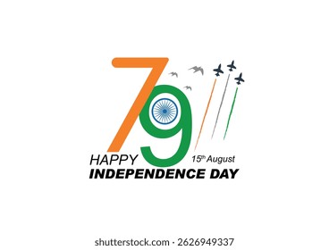 79º Aniversário do Ano. Logotipo do vetor. 79º Dia da Independência da Índia conceito de celebração da liberdade ou bandeira tricolor, ícone, cartaz, banner. 15 de agosto Celebração 79o Dia da Independência. design de modelo.