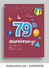 79th Years Anniversary invitation Design, with gift box and balloons, ribbon, Colorful Vector template elements for birthday celebration party.