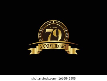 Plantilla del logo del 79 aniversario, celebración del cumpleaños del diseño vectorial, emblema del aniversario de oro con cinta. Diseño de un folleto, folleto, revista, folleto, póster, web, invitación o saludo