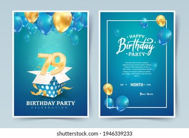 79th years birthday vector invitation double card. Seventy nine
years wedding anniversary celebration brochure. Template of invitational for print on blue background