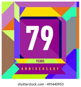 79,th years greeting card anniversary with colorful number and frame. logo and icon with Memphis style cover and design template