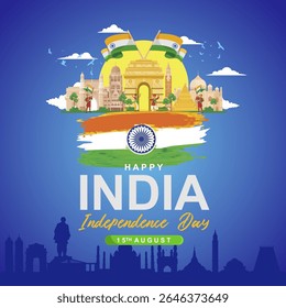 79th years India independence day  15th August 2025 celebration designs with national culture, monuments, and skyline silhouette. Bhārat Gaṇarājya Independence day greeting, banner, poster, background