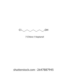 Estrutura esquelética de 7-cloro-1-heptanol Ilustração esquemática de composto alcoólico halogenado. Diagrama simples, fórmula química.