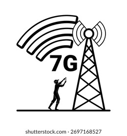 Torre de sinal de rede de comunicação sem fio 7G com rádio e Wi-Fi antena símbolo ilustração vetor