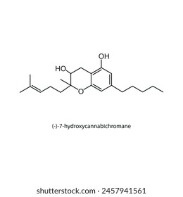 (-)-7-hydroxycannabichromane skeletal structure diagram. compound molecule scientific illustration on white background.
