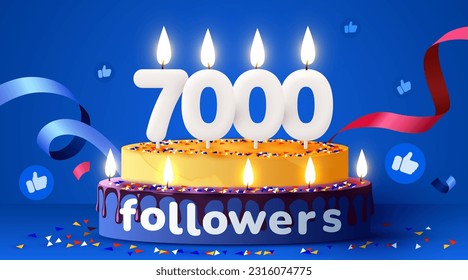 7k or 7000 followers thank you. Social Network friends, followers, subscribers and likes. Birthday cake with candles. Vector illustration