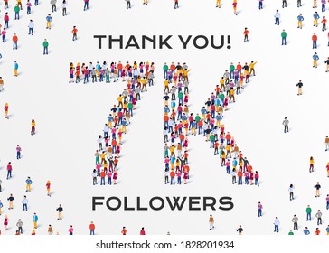 7K Followers. Group of business people are gathered together in the shape of 7000 word, for web page, banner, presentation, social media, Crowd of little people. Teamwork.