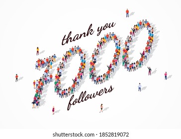 7K Followers. Group of business people are gathered together in the shape of 7000 word, for web page, banner, presentation, social media, Crowd of little people. Teamwork.