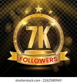 7K Followers Logotype with Gold and red Confetti Isolated on Black Background (PNG), Vector Design for Greeting Card and Social Media.