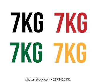 7 kg de texto. Vector con valor en kilogramos negro, rojo, verde y naranja sobre fondo blanco.