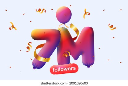 7M followers thank you 3d blue balloons and colorful confetti. Vector illustration 3d numbers for social media 7000000 followers, Thanks followers, blogger celebrates subscribers, likes
