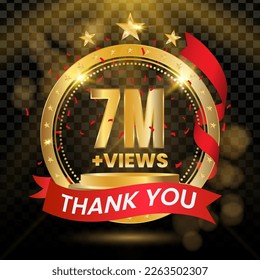 7M+ Views Logotype with Gold and red Confetti Isolated on Black Background(PNG), Vector design for video display celebration.