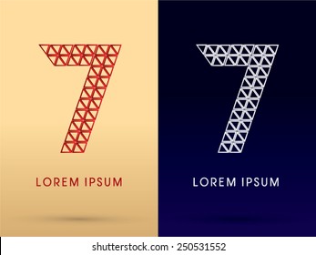 7,Number,Luxury font ,designed using red and silver triangle geometric shape on gold and dark blue background, concept shape from, jewelry, diamond ,gems ,logo, symbol, icon, graphic, vector.
