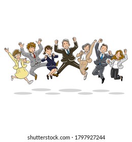7-person business team jumping around the boss