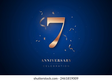 7st Anniversary celebration greeting card. Rose Gold metallic Number 7 with sparkling confetti on dark blue background. Design template for birthday or wedding party event decoration.