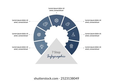 Infográfico de vetor circular de 7 etapas: um modelo profissional para apresentações de negócios, diagramas de processos e layouts de fluxo de trabalho. Visualização de dados e estratégia de marketing em um design moderno.