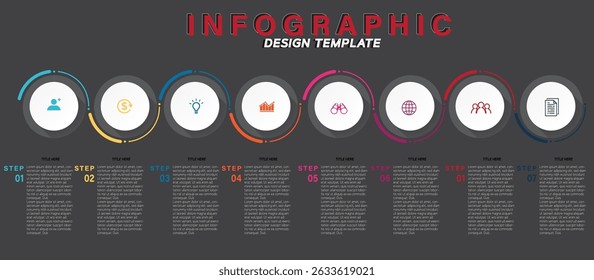 7-Step Infographic Template with Circular Flow Design, Business Icons, Colorful Ring Accents, Step-by-Step Process Visualization, Editable Vector, Workflow Guide, Presentation, Strategy