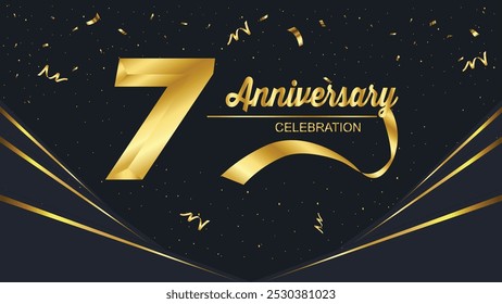                                     7th Anniversary Celebrating golden text,gold ribbon and confetti on black background with numbers.
