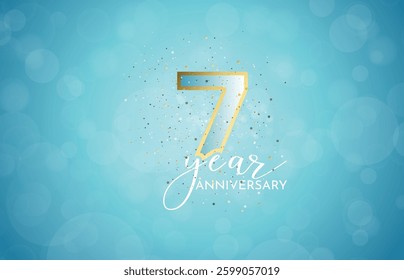 7th Anniversary celebration, 7 Anniversary celebration, Light Blue background, greeting and invitation card, festive illustration, Golden Blue Number, 7 sparkling confetti, 7,8