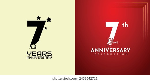 7th Anniversary celebration, 7 Anniversary celebration, Realistic 3d sign, stars, festive illustration, red background with White number 7, 8