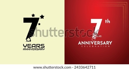 7th Anniversary celebration, 7 Anniversary celebration, Realistic 3d sign, stars, festive illustration, red background with White number 7, 8
