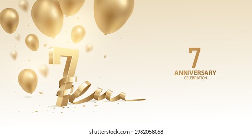 7th Anniversary celebration background. 3D Golden numbers with bent ribbon, confetti and balloons.
