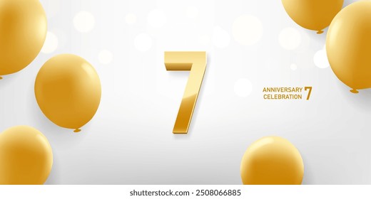 7th Anniversary celebration background. Golden 3D numbers on white background with golden balloons and bokeh lights in background.