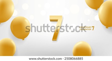 7th Anniversary celebration background. Golden 3D numbers on white background with golden balloons and bokeh lights in background.