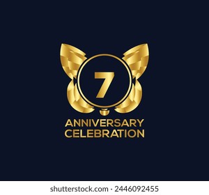 7th anniversary celebration day with gold color Light bright modern logo Design element