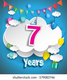 7th Anniversary Celebration Design, with clouds and balloons, confetti. Vector template elements for your, seven years birthday celebration party.