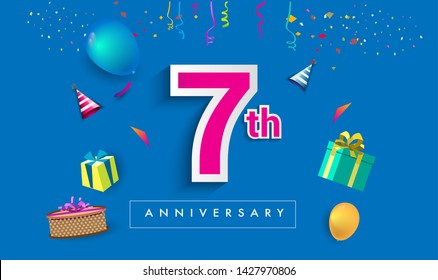 7th Anniversary Celebration Design, with gift box and balloons, ribbon, Colorful Vector template elements for your birthday celebrating party.