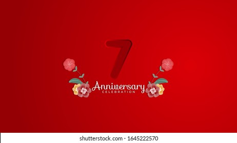 7th Anniversary celebration. Emboss number with Gradient red background and flowers decoration. Modern elegant simple background design vector EPS 10. Can be used for company or wedding.