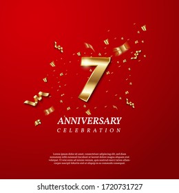 7th Anniversary celebration. Golden number 7 with sparkling confetti, stars, glitters and streamer ribbons on red background. Vector festive illustration. Birthday or wedding party event decoration