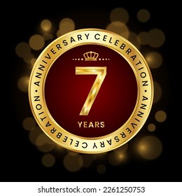 7th Anniversary Celebration. logo design with golden number and ring for birthday celebration event, invitation, greeting card, banner, poster, flyer, brochure, book cover. Logo Vector Template