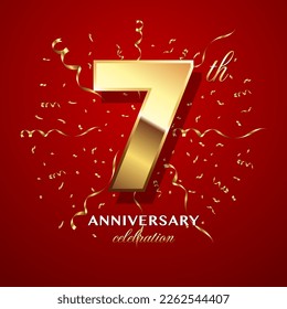 7th Anniversary Celebration. logo design with golden numbers and text for birthday celebration event, invitation, wedding, greeting card, banner, poster, flyer, brochure. Logo Vector Template