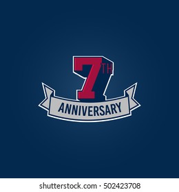7th Anniversary Celebration Logo using 3d Number, Red Colored Isolated in Blue Background. Retro Style 