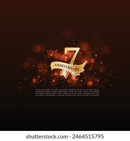 7th Anniversary celebration logotype, 7 Anniversary celebration event, Realistic 3d sign, stars, elegant Dark background, festive illustration, Golden number 7 sparkling confetti, 8