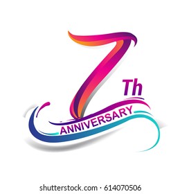 7th anniversary celebration logotype blue and red colored. seven years birthday logo on white background.