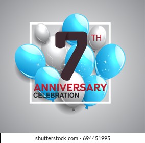 7th anniversary celebration logotype. anniversary logo with balloon in white rectangle.  Vector design for celebration, birthday, party, festival, invitation card, and greeting card