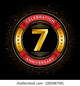 7th anniversary celebration with red ribbon isolated on black background, vector design