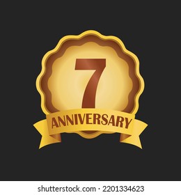 7th Anniversary celebration template, golden medal and golden ribbon. Elegant Vector Illustration