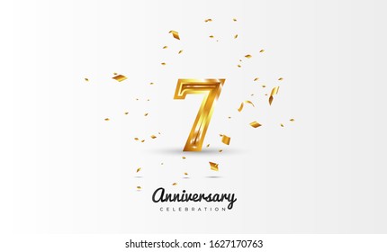 7th Anniversary celebration Vector background by using two colors in the design between gold and white, Golden number 7 with sparkling confetti Realistic gold 3d sign. Birthday or wedding party