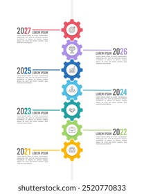 Vertical de celebración del séptimo aniversario. Diseño de la rueda dentada infográfica, presentación de negocios, hito, felicitaciones y hoja de ruta. Ilustración vectorial.