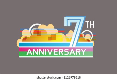 7th anniversary design colorful color with cloud, rainbow, and multiple line number. vector illustration for celebration event and party