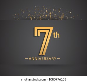 7th anniversary design for company celebration event with golden multiple line and confetti isolated on dark background 