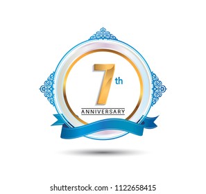 7th anniversary design golden color on circle with blue ornament and ribbon for celebration event 