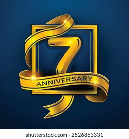 7th Anniversary diseña una cinta dorada envuelta alrededor del número '7' sobre un fondo azul oscuro. Perfecto para celebrar hitos o promover eventos de aniversario con un lujo.