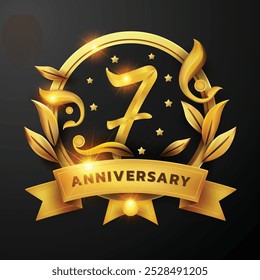 Diseño del séptimo aniversario de una cinta de oro y una hoja de oro Decorado alrededor del número '7' sobre un fondo negro. Perfecto para celebrar hitos o promover eventos de aniversario con un lujo.