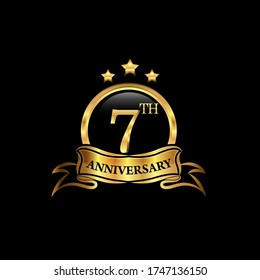 7th anniversary design logotype golden color with ring and gold ribbon for anniversary celebration. EPS10
