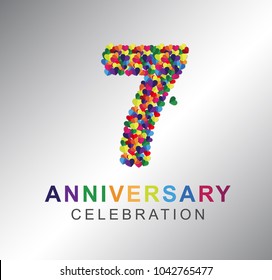 7th anniversary design logotype paper hearts multi-color for celebration